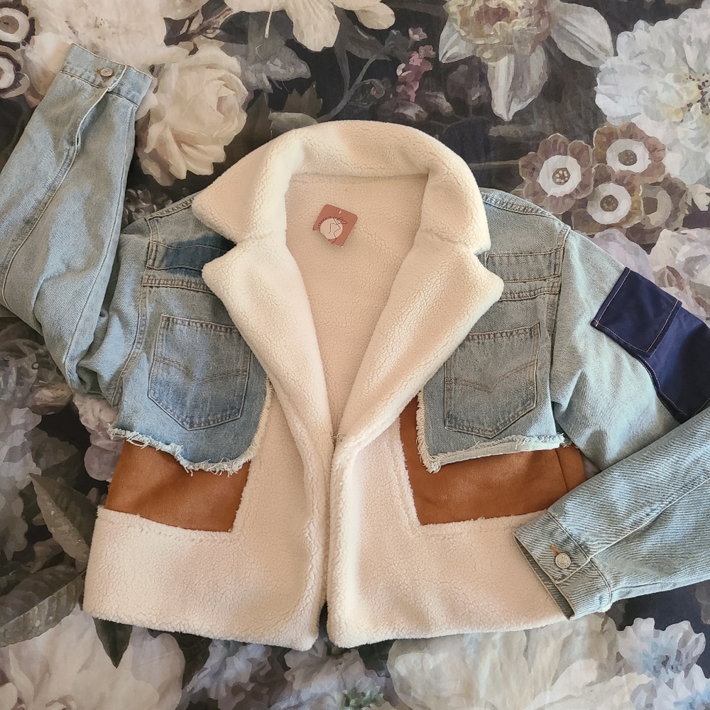 Patchwork Light Wash Denim Jacket Vegan Sherpa & Suede / Teddy Denim Jacket